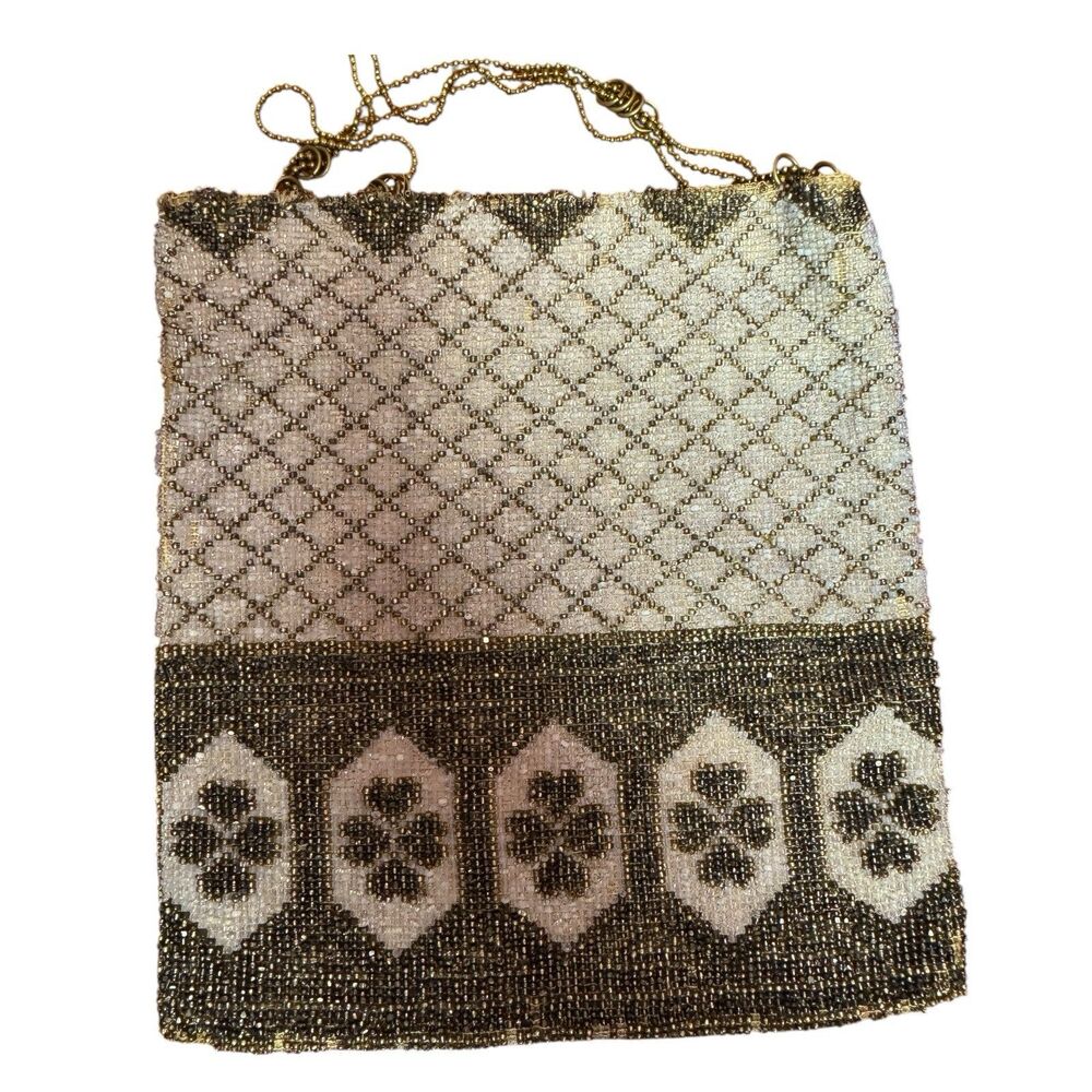 Antique Beaded Shamrock Purse Irish Clover Micro Bead Flapper   VTG READ REPAIR